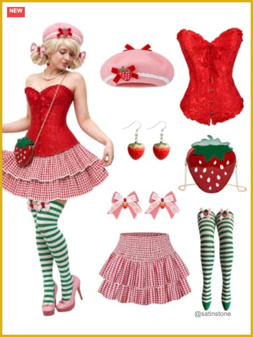 Strawberry Costume Set 10 Pcs Womens Hat Bag Skirt Socks Cosplay